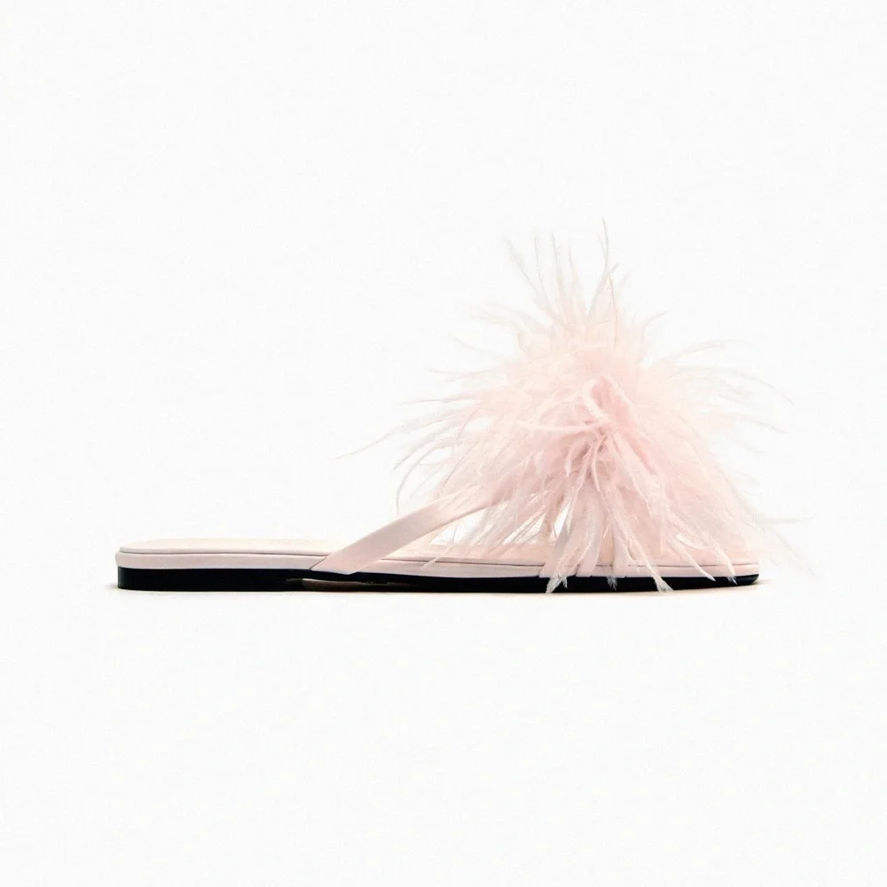 NWT. Zara Light Pink Feathers Flat Fabric Sandals. Size  7,5. 8 - Picture 4 of 9